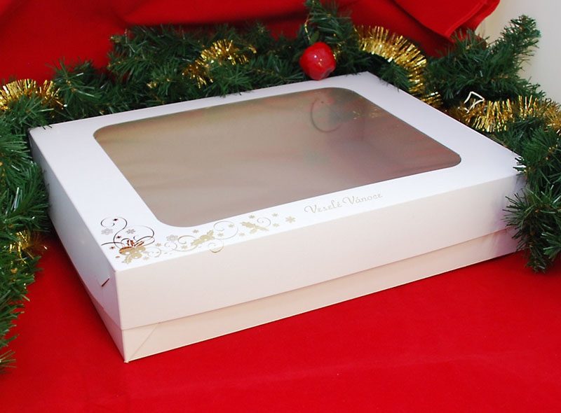 Krabice vánoční 382808 s oknem bílá se zlatou ražbou